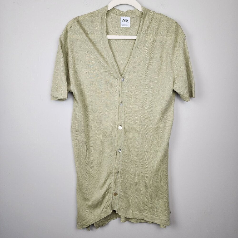 Zara sz M women linen blend long cardigan short sleeve green